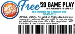 10 X DAVE AND BUSTERS $20 OFF GAME PLAY COUPONS (Expires 12/31/21) $12.99 -  PicClick